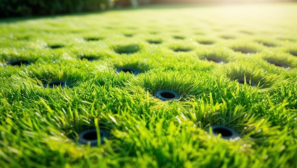 healthy Zoysia lawn with visible aeration holes